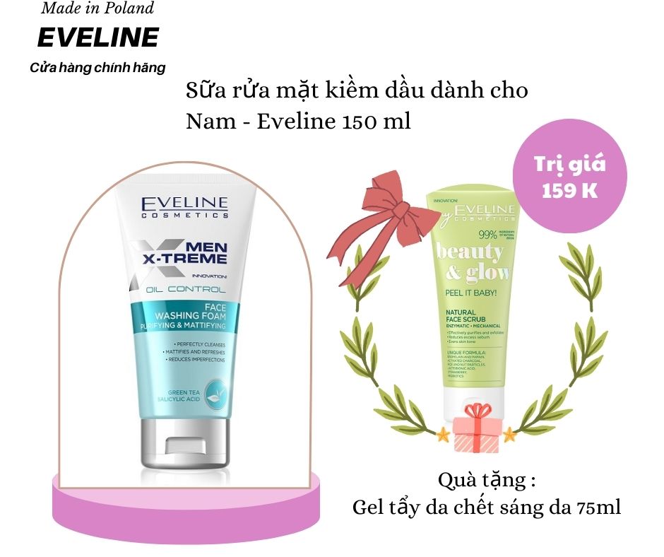 [ Tặng tẩy da chết sáng da ] Sữa rửa mặt nam Eveline Men X-treme sạch sâu, kiềm dầu 150ML