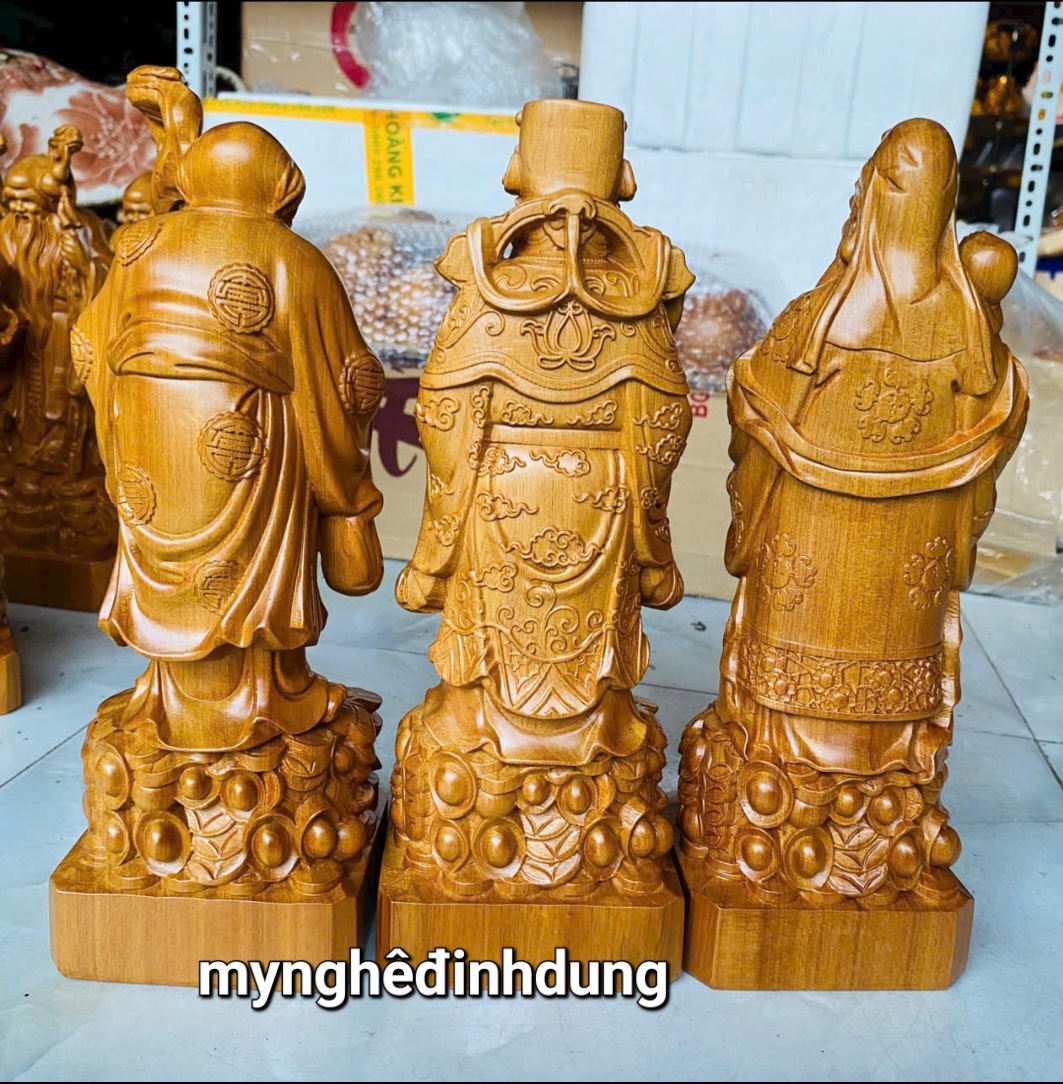 Bộ tượng tam đá phúc lộc thọ bằng gỗ bách xanh thơm nức kt cao 30x11x9cm