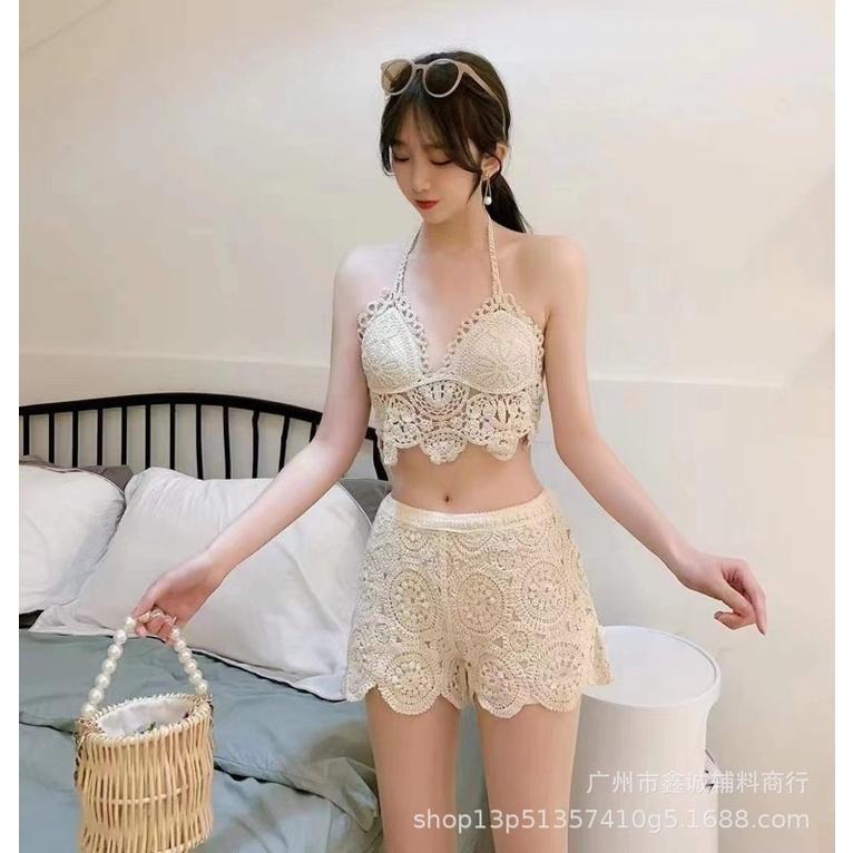 58-Set bikini đi biển len móc 3 món đồ bơi mùa hè 2023