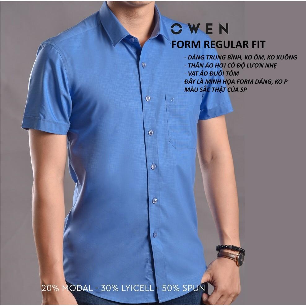 OWEN - Áo sơ mi ngắn tay Owen Regular fit chất sợi tre kẻ sọc xanh 22663