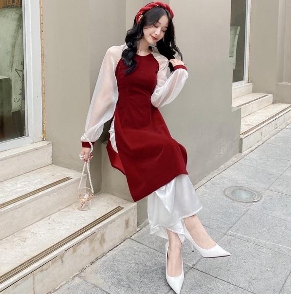 Áo Dài Du Xuân , Áo Dài Cách Tân Thân Nhung Đỏ Cao Cấp