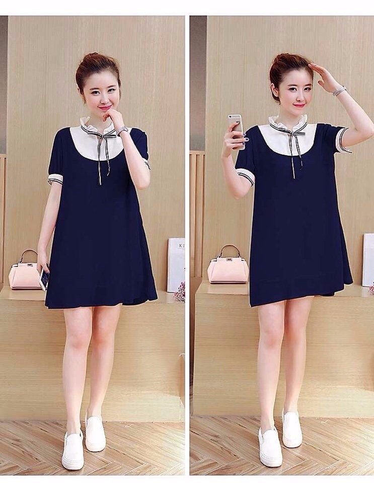 Đầm Bầu Suông Nơ Cổ Sọc TD31