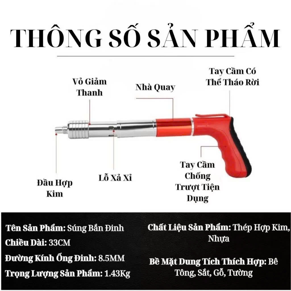 Máy Bắn Đinh Hạt Nổ Xuyên Bê Tông – Tặng 100 Đinh &amp; Hộp Phụ Kiện, Vỏ Thép Trắng Siêu Bền