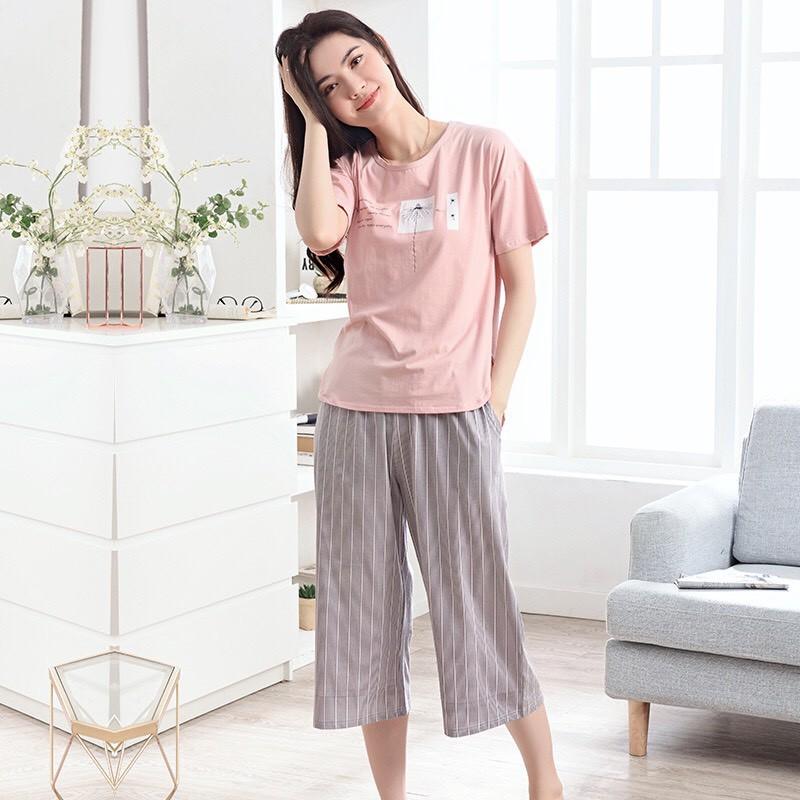 Bộ lửng nữ thun cotton hồng nude họa tiết quần kẻ