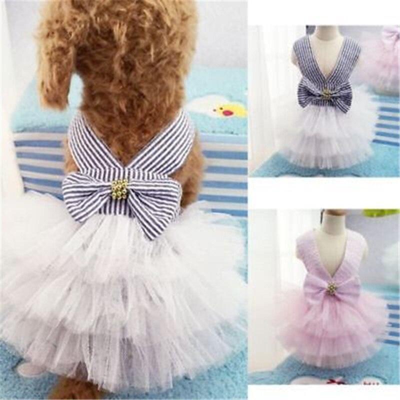 New Puppy Tutu Dress Bowknot Net Gauze Stripe Print Princess Apparel Clothes for Dog and Cat Dog Dresses