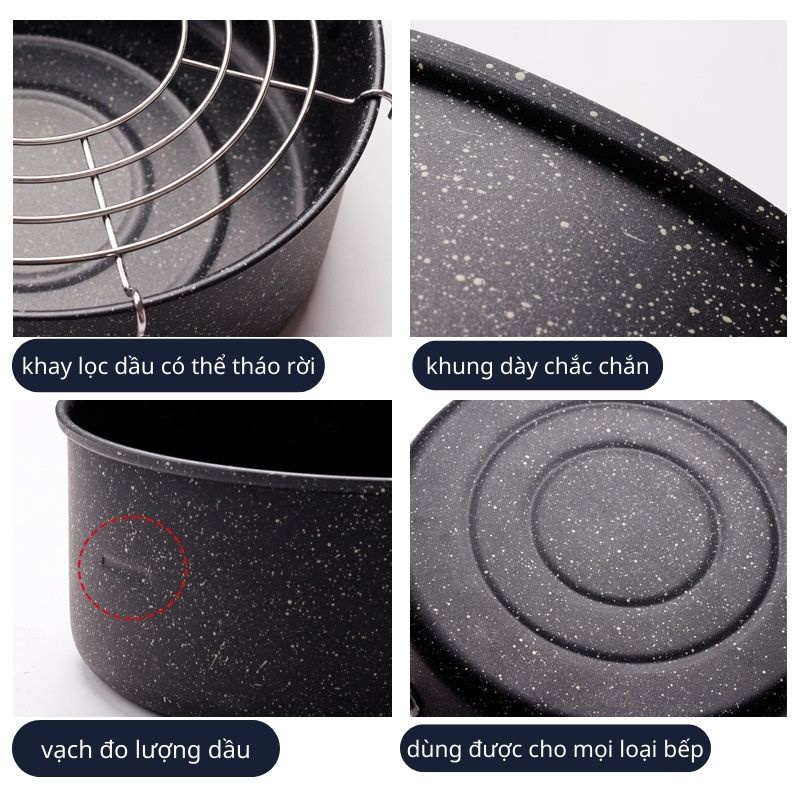 Nồi Chiên Emoojoo Nhật Size 20CM, Vân Đá Chống Dính – Dùng Trên Mọi Loại Bếp