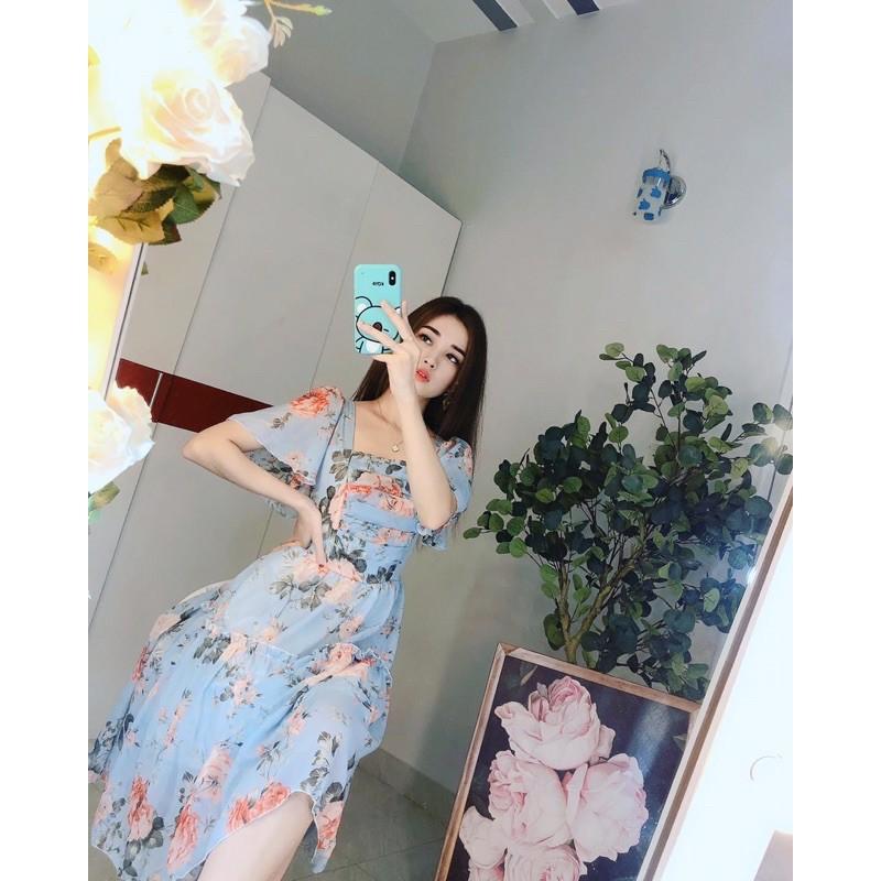 Váy maxi cổ vuông sếp li ngực tay phồng lồng đèn freesize, đầm maxi freesize đuôi cá - Xưởng may Ái Nhi shop - 4