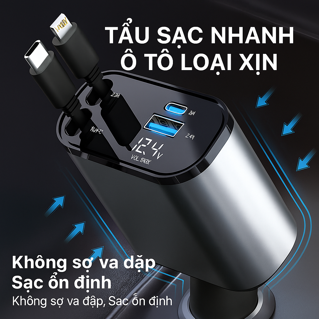 Tẩu Sạjc Nhanh Ô Tô 120W 4-in-1 – Sạc Siêu Nhanh, Có Đồng Hồ Báo Vôn Thông Minh, đèn trang trí