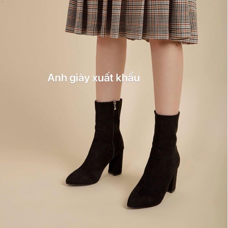 B13 - Bốt lửng mũi nhọn da lộn khoá cạnh gót trụ 8p có lót lông ( ảnh thật, kèm video)