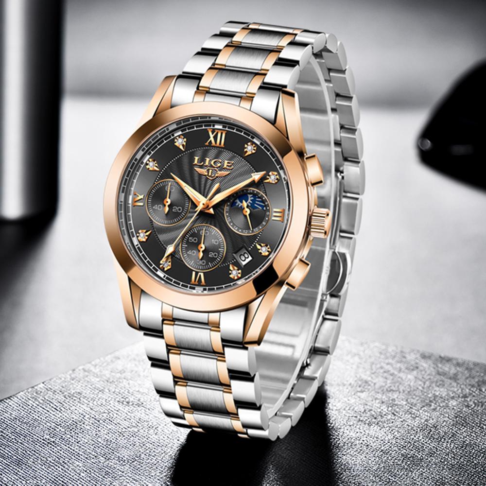 Đồng hồ nam thạch anh LIGE tinh tế hiển thị thời gian và lịch Chronograph Con trỏ dạ quang 30M Chống thấm nước - Bạc & Xanh lam - Dây da