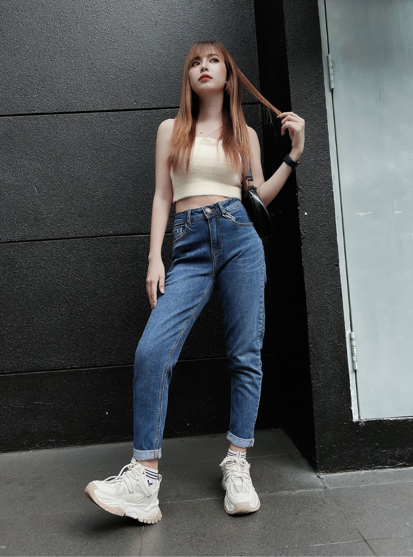 Quần jean nữ boyfriend baggy trơn dài co giãn HQJEANS