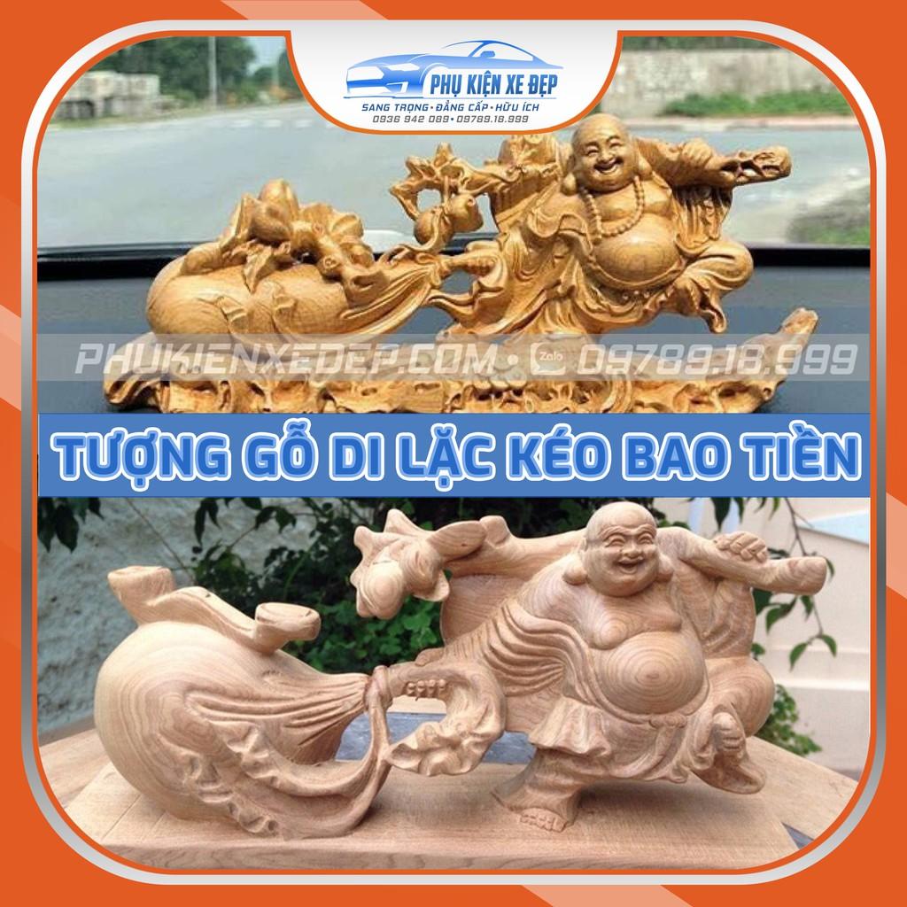 Tượng Di Lặc Kéo Bao Tiền - Gỗ Bách Xanh - Đặt Taplo Ô Tô, vật phẩm phong thuỷ trên xe hơi - bàn làm việc