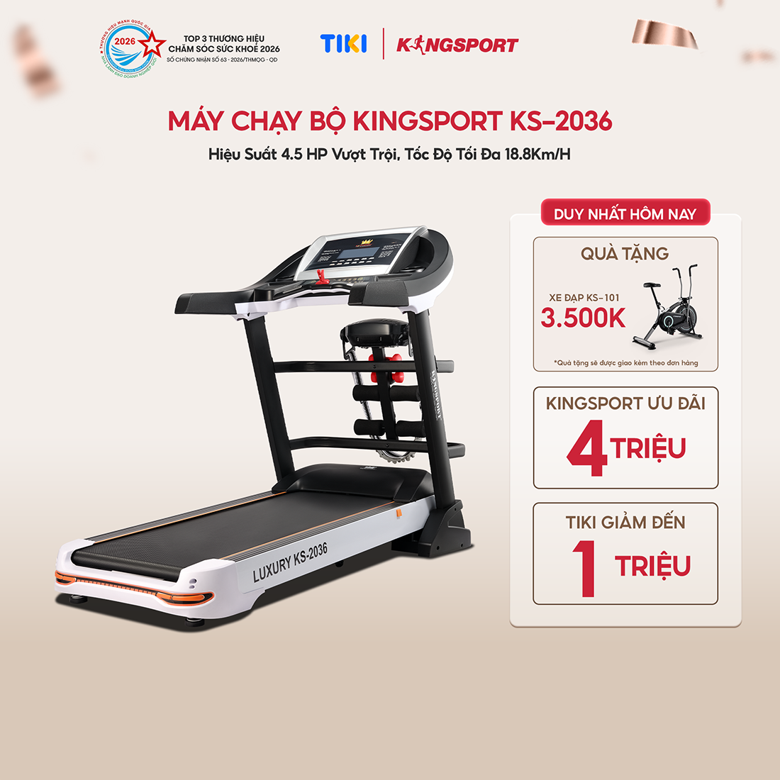 Miễn phí lắp đặt Máy chạy bộ tại nhà Kingsport Luxury KS-2036 có chức nâng dốc tự động, kèm theo đai massage và thanh gập bụng