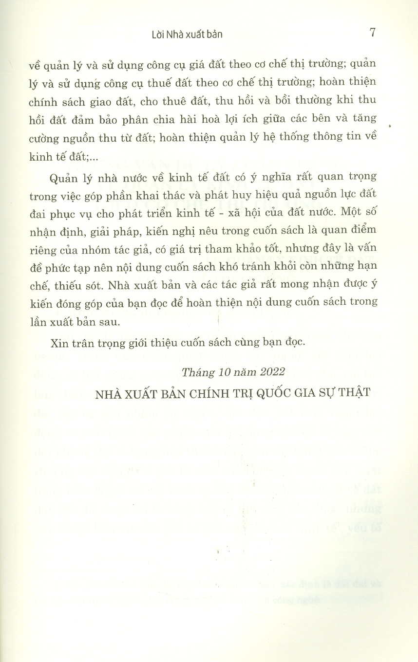 Quản Lý Nhà Nước Về Kinh Tế Đất Theo Cơ Chế Thị Trường Ở Việt Nam (Sách chuyên khảo)