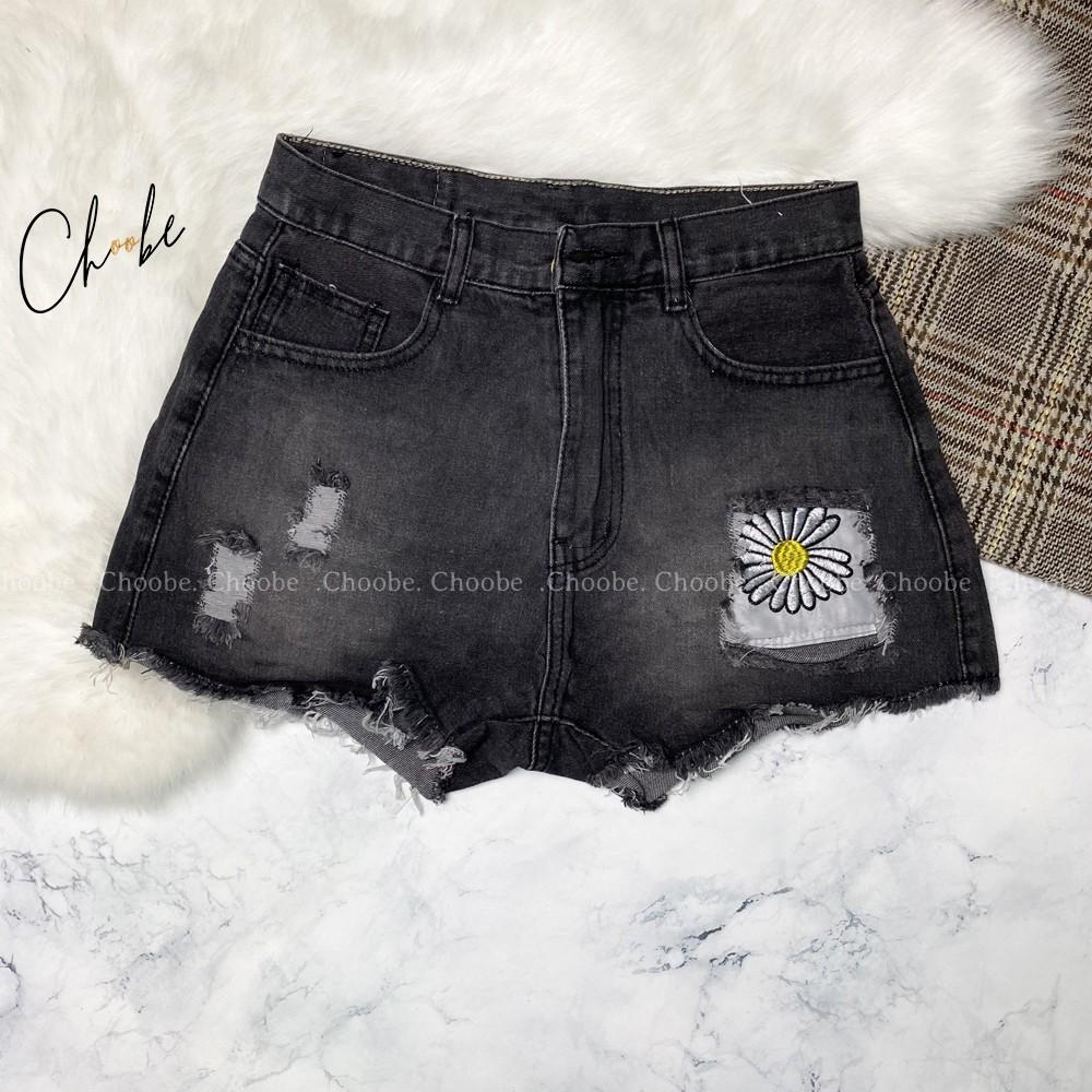 Quần short jean nữ Choobe trơn lưng cao thêu hình hoa cúc phong cách thời trang QSJ02