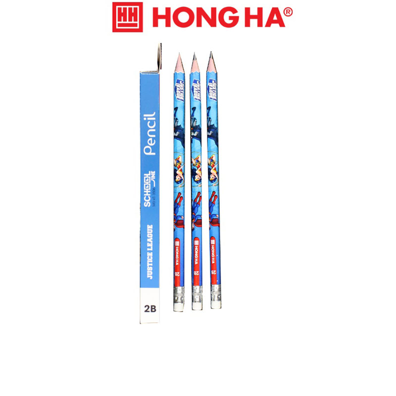 Hộp 12 bút chì 2B Hồng Hà có tẩy thân lục giác Justice League hình siêu nhân 3506
