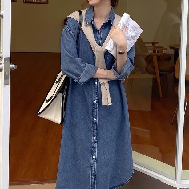 Váy sơ mi Jeans dáng dài, váy jean dài tay dáng rộng, mẫu mới A17