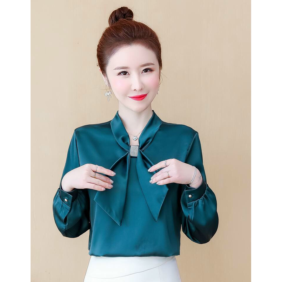 Áo Sơ Mi Phi Lụa Sang Trọng Kiểu Nơ Đính Kim Sa TP15