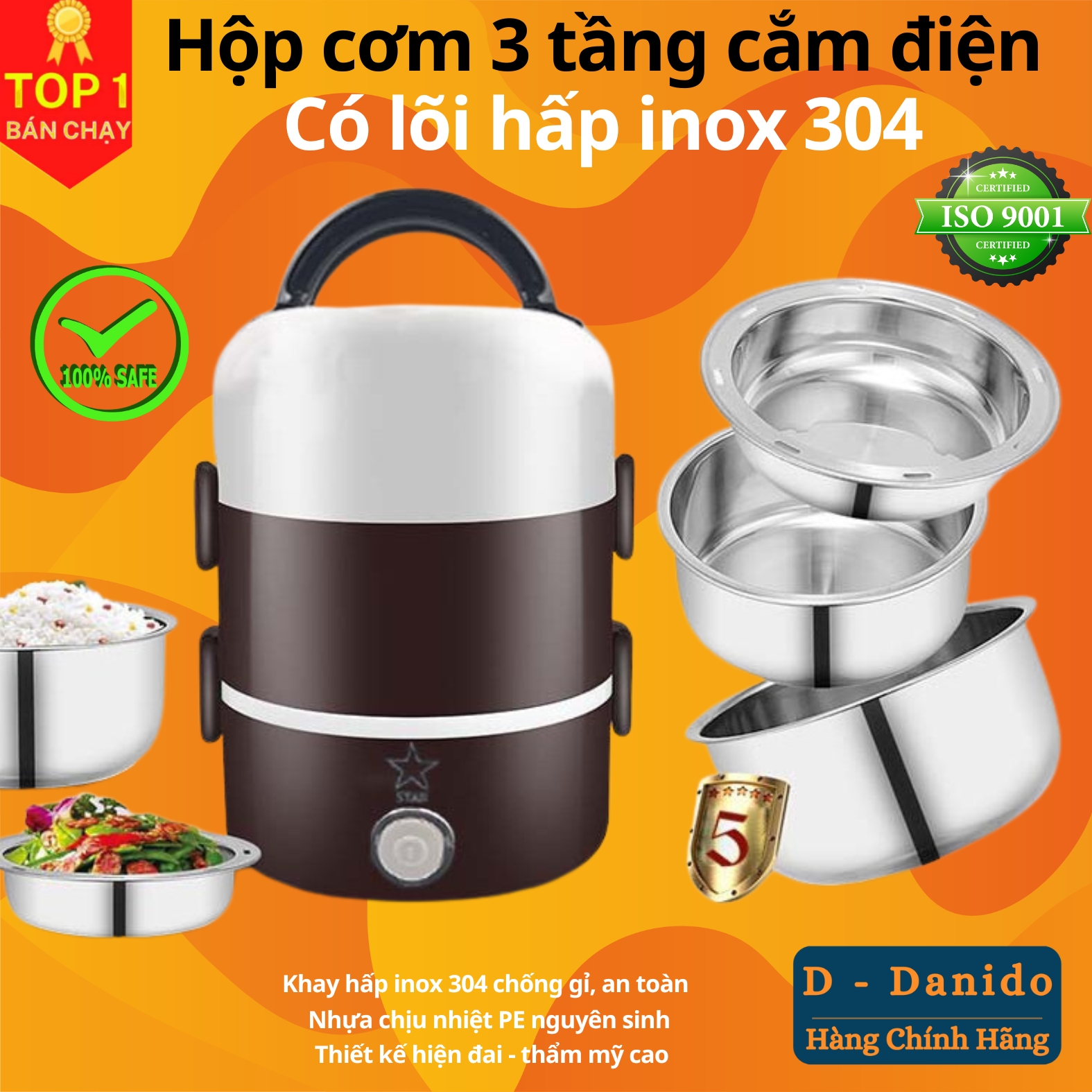 Bộ Hộp Cơm Giữ Nhiệt Văn Phòng Cao Cấp Cắm Điện inox 3 tầng - Chính Hãng