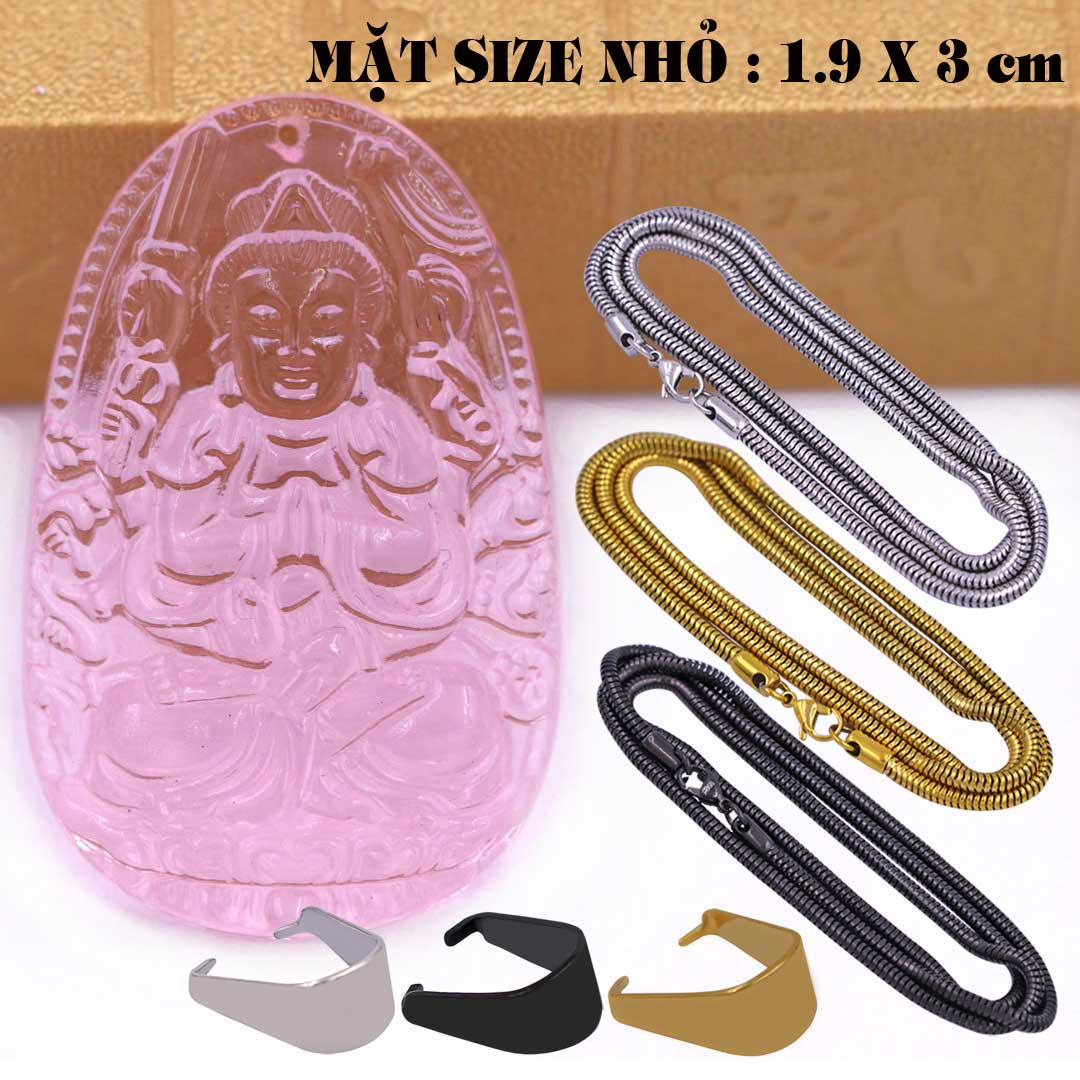 Mặt Phật Thiên thủ thiên nhãn pha lê hồng 1.9cm x 3cm  kèm vòng cổ dây chuyền inox rắn vàng + móc inox vàng, Phật bản mệnh, mặt dây chuyền