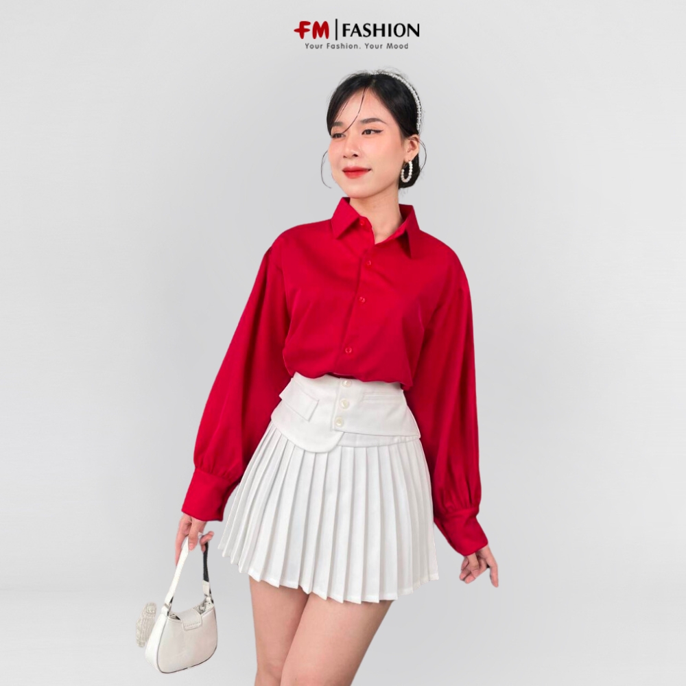 Áo sơ mi nữ Fm Style màu đỏ cổ bẻ tay dài bồng thời trang dáng rộng dày dặn phong cách Hàn Quốc 22120557