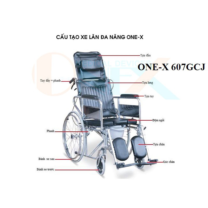 Xe lăn đa năng có thắng bánh căm 2 chống lật - ONE-X 607GCJ