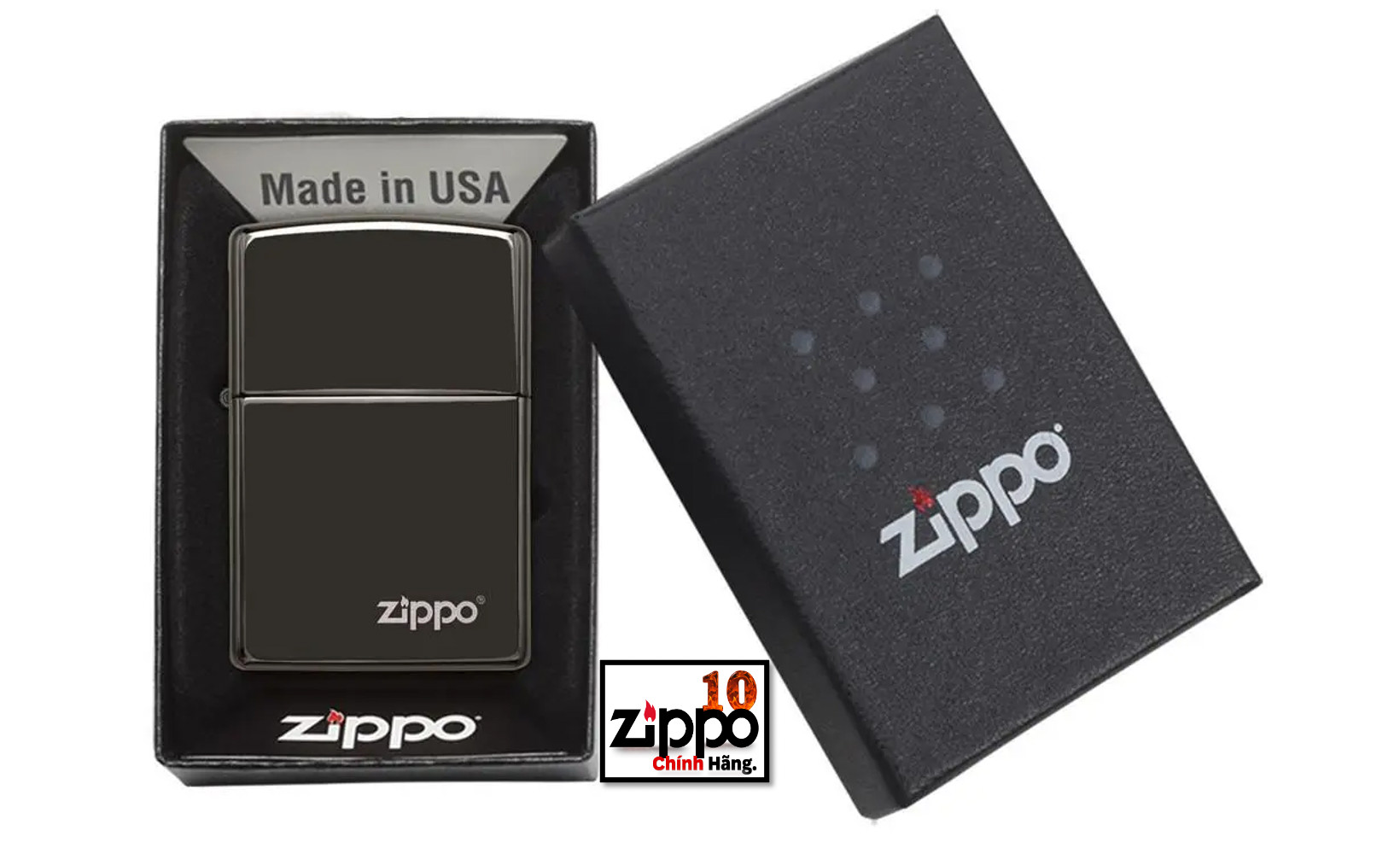Bật lửa ZIPPO 24756ZL High Polish Black Zippo Logo - Chính hãng 100%