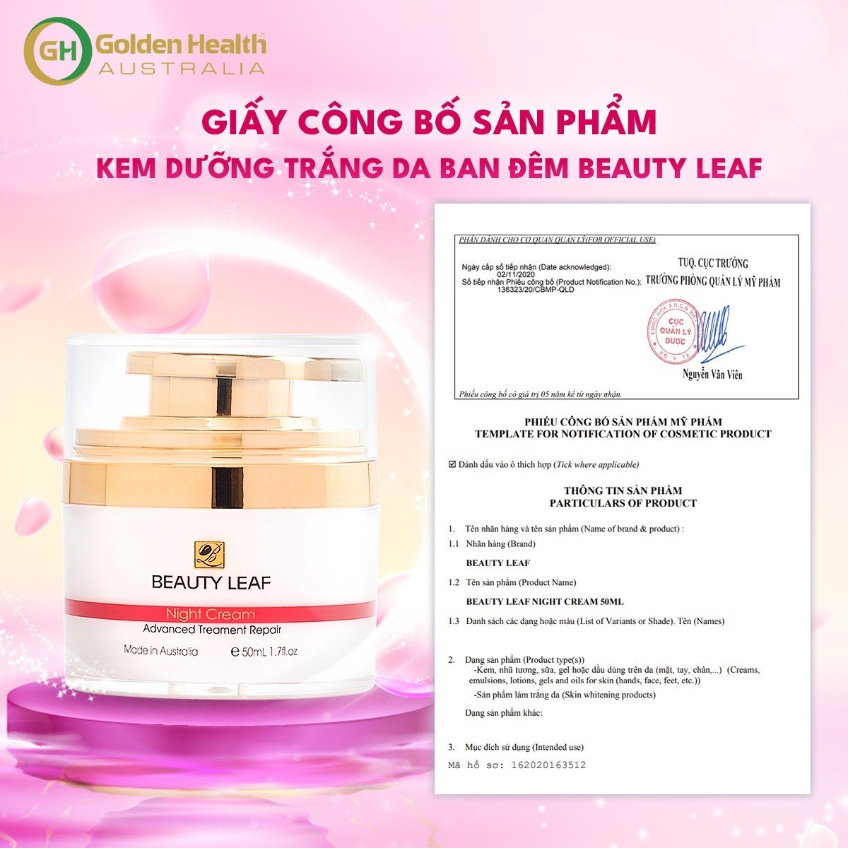 Kem Dưỡng Trắng Da, Mờ Thâm, Nám, Tàn Nhang, Giúp Tái Tạo Da, Thúc Đẩy Quá Trình Tổng Hợp Collagen, Tăng Cường Phục Hồi Da Ban Đêm Beauty Leaf Whitening Complex 50ml