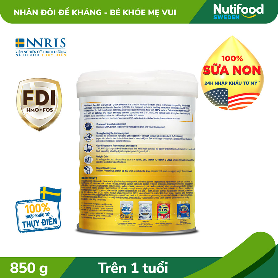 Sữa bột GrowPLUS+ Vàng – Sữa non tăng đề kháng trên 1 tuổi Lon 850g