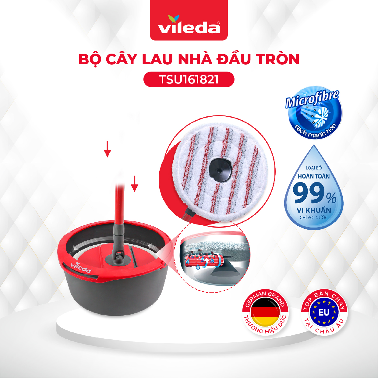 Cây lau nhà VILEDA Spin and Clean đầu lau đĩa tròn, kèm xô giặt xoay 360 độ