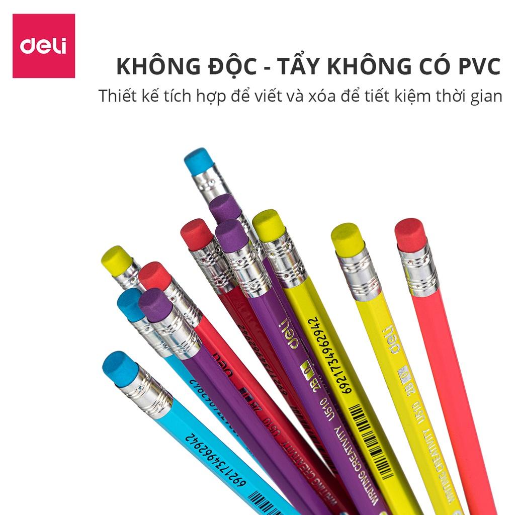 Hộp Bút Chì Lục Giác 2B Nhiều Màu Deli - 50 Chiếc - Thân Gỗ Mềm, Dễ Gọt, Kèm Đầu Tẩy Tiện Dụng - Phù Hợp Học Sinh Văn Phòng Tập Việt Luyện Chữ Cho Bé - EU51006