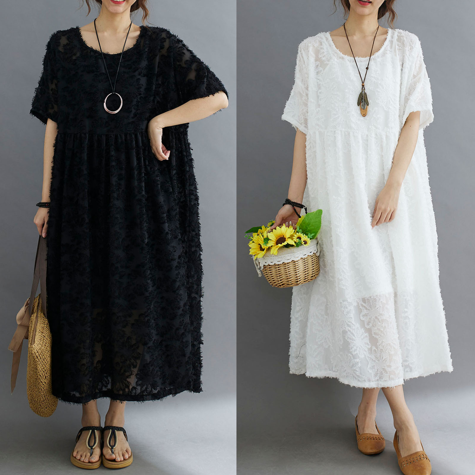 Women Floral Lace Dress Elegant Mid-Calf Loose O-Neck Short Sleeves Dress Plus Size