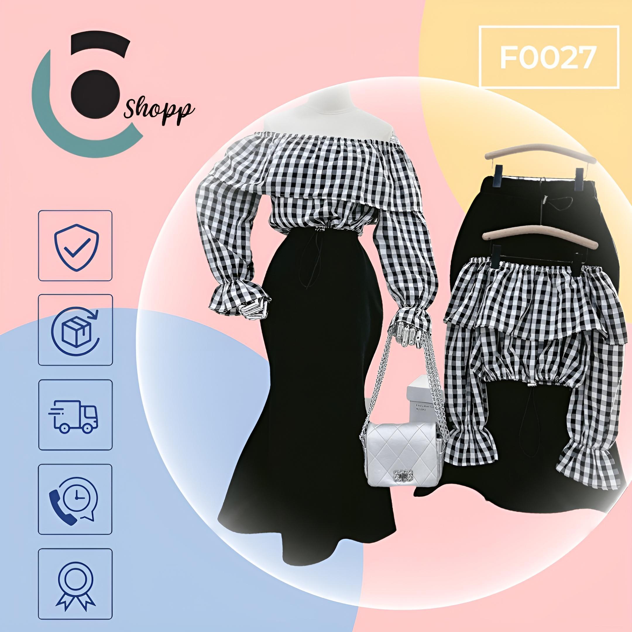 Set áo caro tay dài kèm chân váy đuôi cá cao cấp