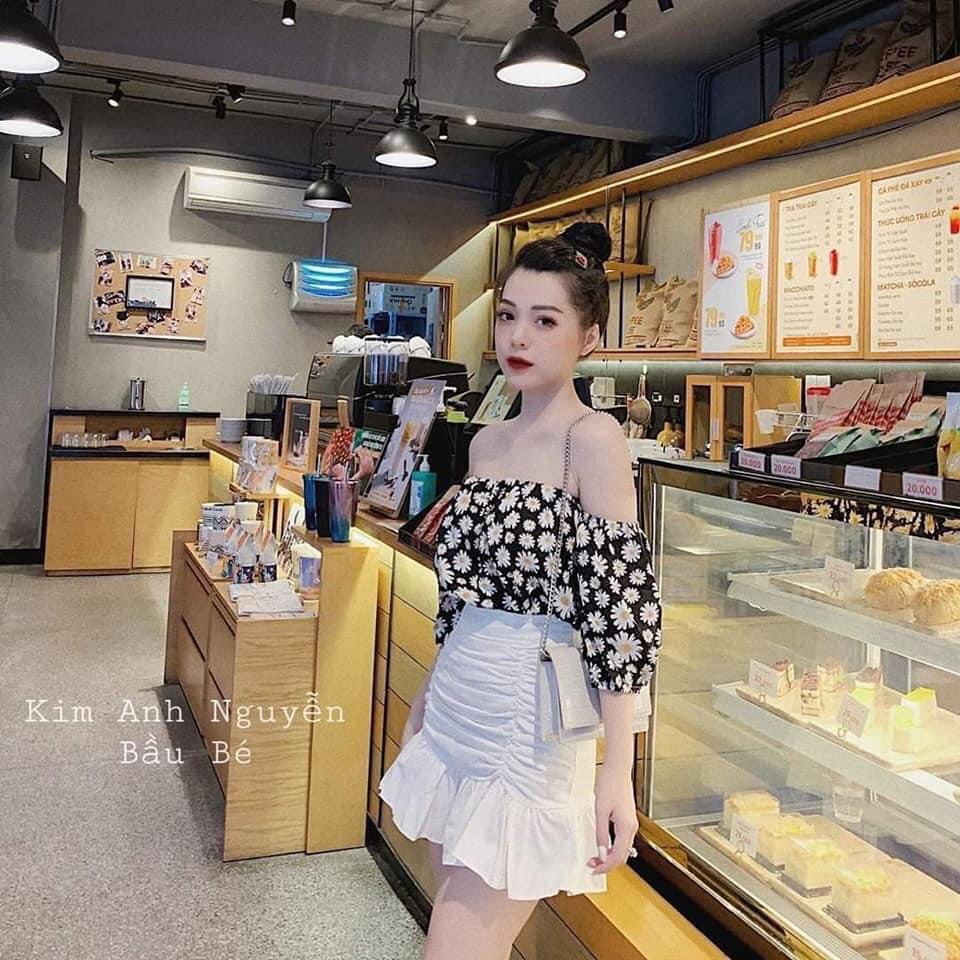 Áo Trễ Vai Tay Bồng Hoa Cúc 3 Màu Như Hình