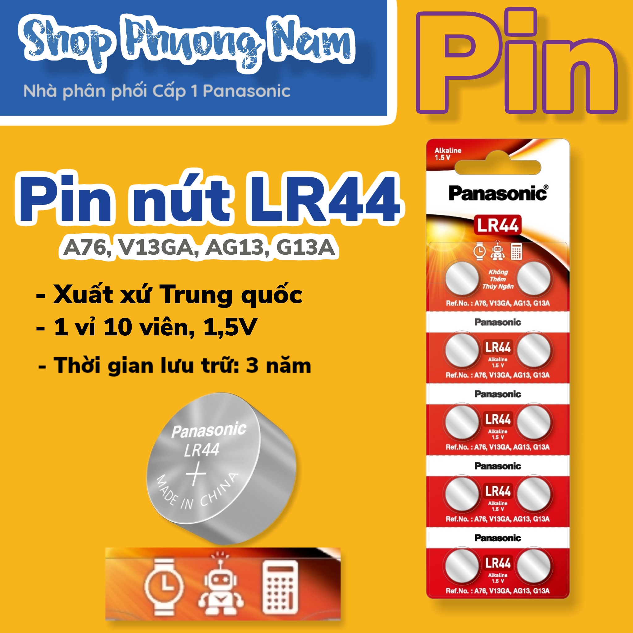 Bộ 1 vỉ 10 viên pin nút1,5v Alkaline Panasonic (LR-44PT/2B) - Hàng chính hãng