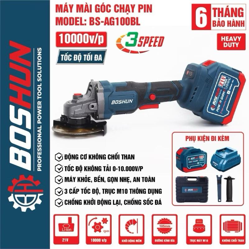 MÁY MÀI PIN BOSHUN BS_AG100BL K CHỔI THAN- ĐỘNG CƠ TỪ LÕI ĐỒNG - CHÂN PIN PHỔ THÔNG - BỘ GỒM 2 PIN 15Cell