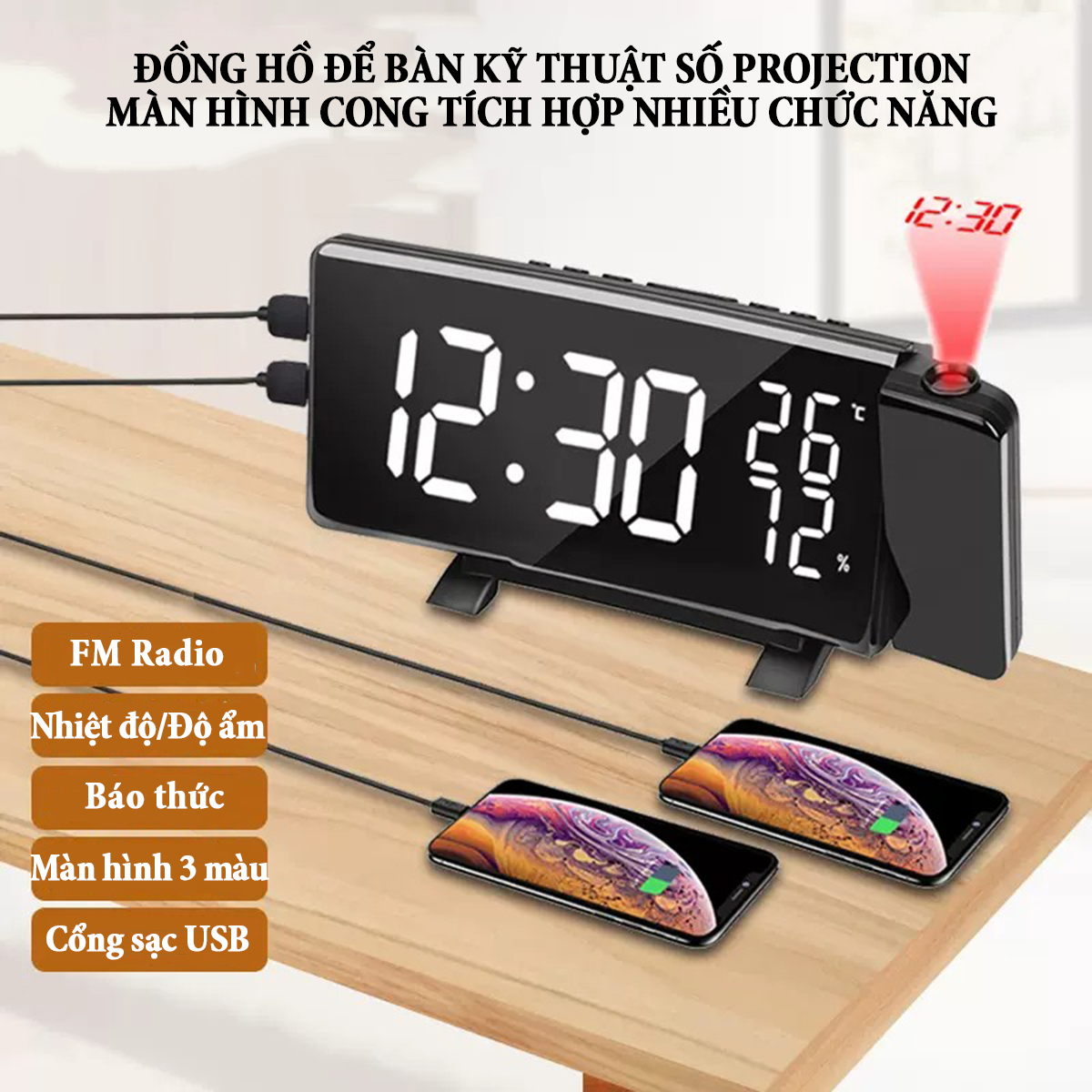 Đồng hồ để bàn kỹ thuật số Projection màn hình cong tích hợp nhiều chức năng với đèn led chiếu tường radio FM báo thức cổng USB kép