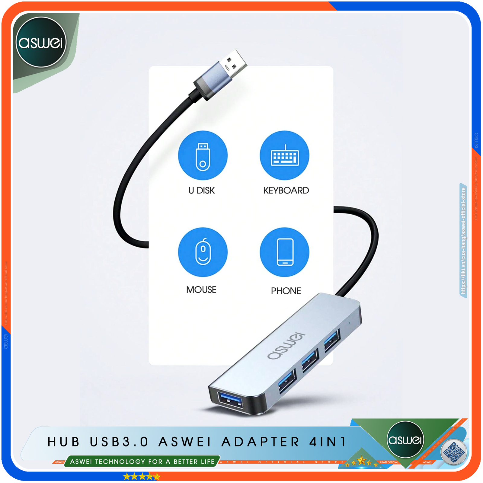 Hub Chuyển Đổi USB Type C ASWEI 4 in 1 To USB 3.0 - Hàng Chính Hãng