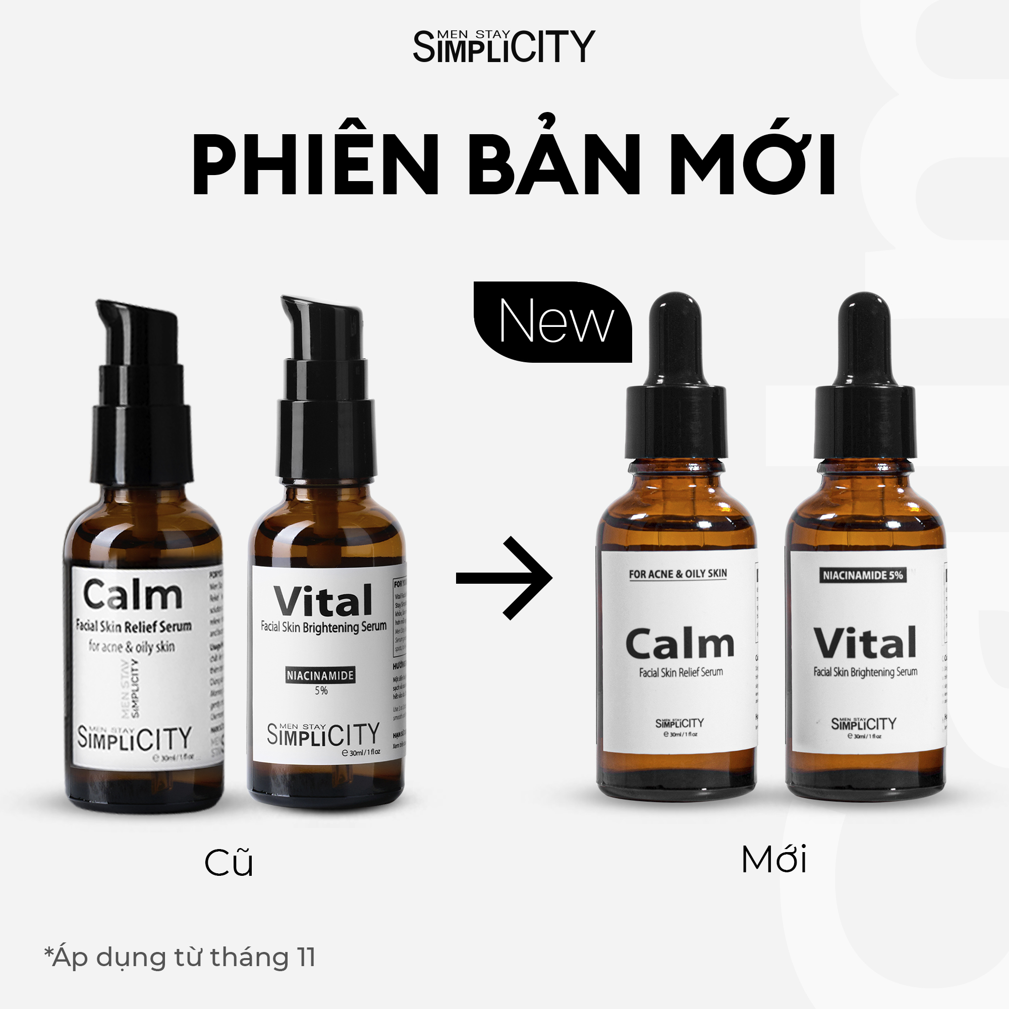 Bộ serum Men Stay Simplicity giảm mụn, làm dịu, sáng da, mờ thâm, thu nhỏ lỗ chân lông cho nam Niacinamide 5% + Zinc PCA 1% 2x30ml