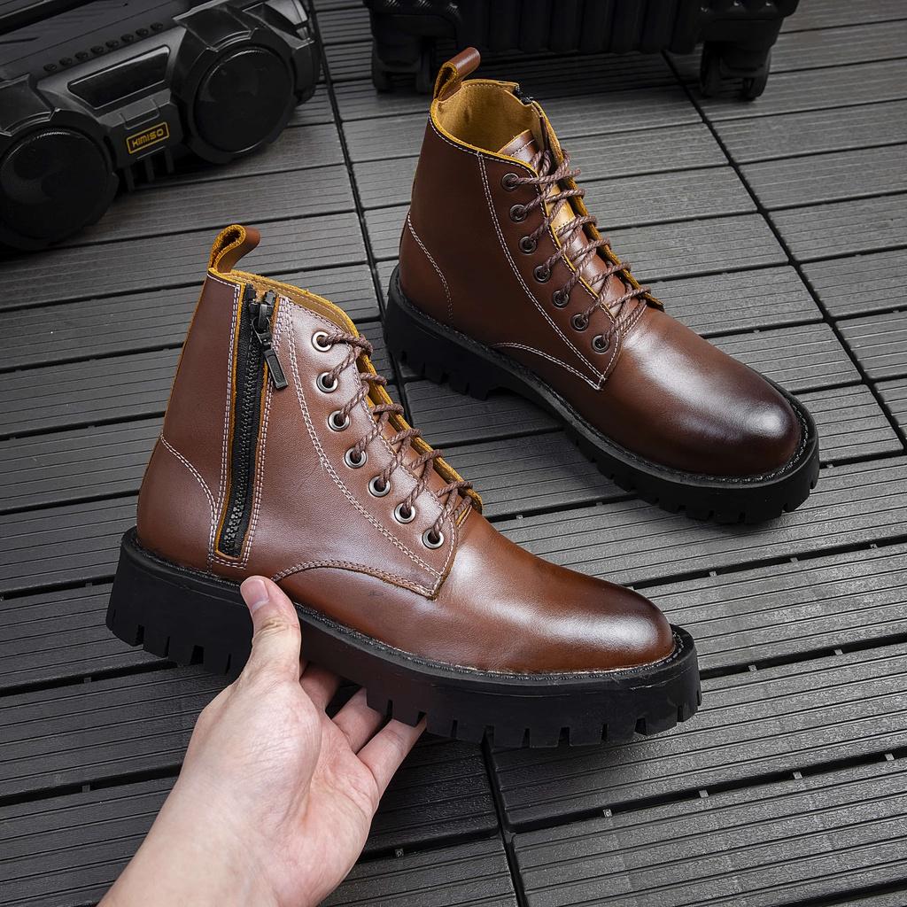 Giày Combat Boots Nam AROTI Zip Boots Cổ Cao Chất Da Bò Đẹp Cao Cấp,Đế Khâu Chắc Chắn, Tăng Chiều Cao 5cm G610-Đ