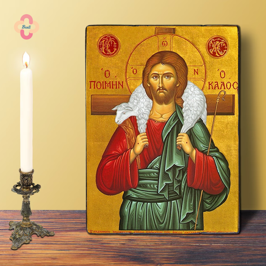 Icon Chúa Chiên Lành - Tranh Gỗ Thủ Công Màu Rustic / Icon of the Christ the Good Shepherd