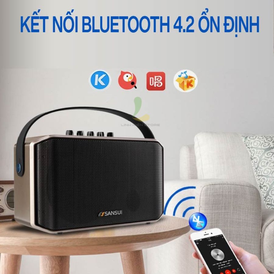 Loa karaoke mini Sansui SA1-05 - Loa xách tay di động chất liệu gỗ công suất 40W, tặng kèm micro không dây cao cấp - Hàng nhập khẩu