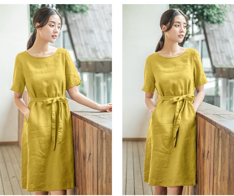 Đầm linen dáng suông 2 túi chéo Đũi Việt (Ảnh thật)