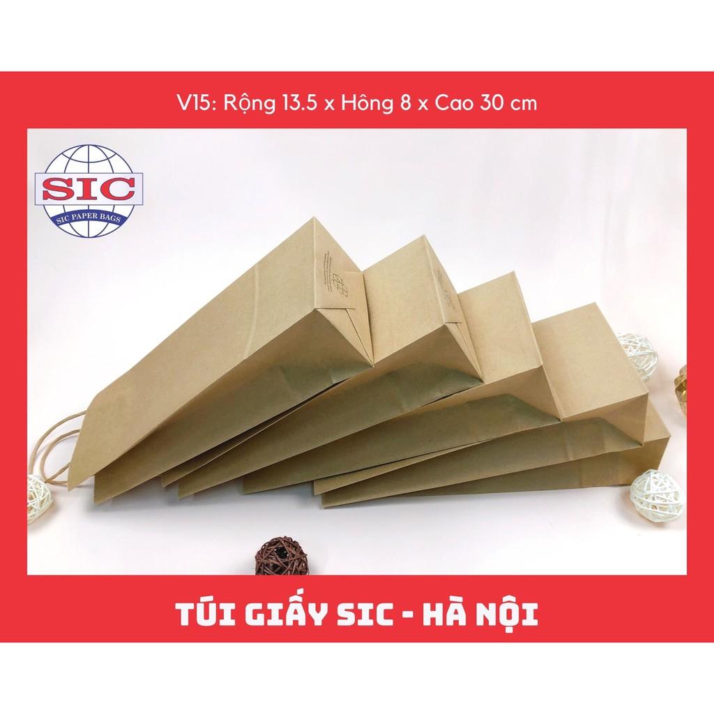 10 CHIẾC TÚI GIẤY KRAFT V15: 13.5x8x33 MÀU NÂU CÓ QUAI ( ẢNH THẬT)