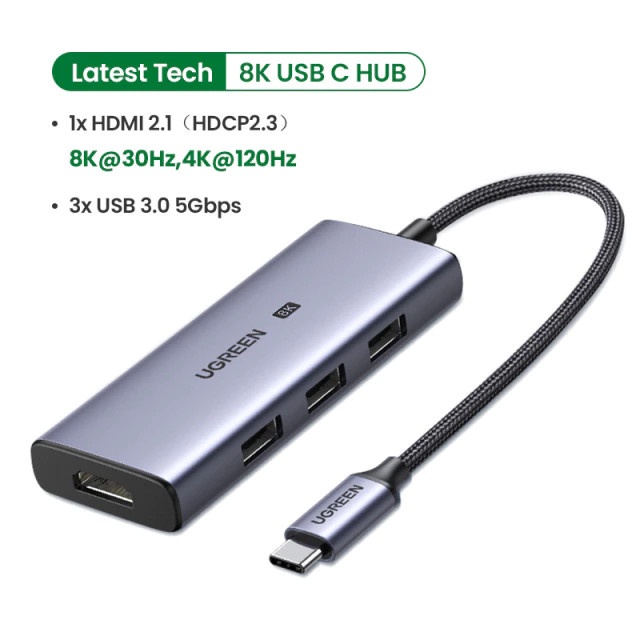 Bộ chuyển đổi USB Type C ra 3 USB 3.0 + HDMI 8K 30Hz Ugreen CM500 50629 cao cấp hàng chính hãng