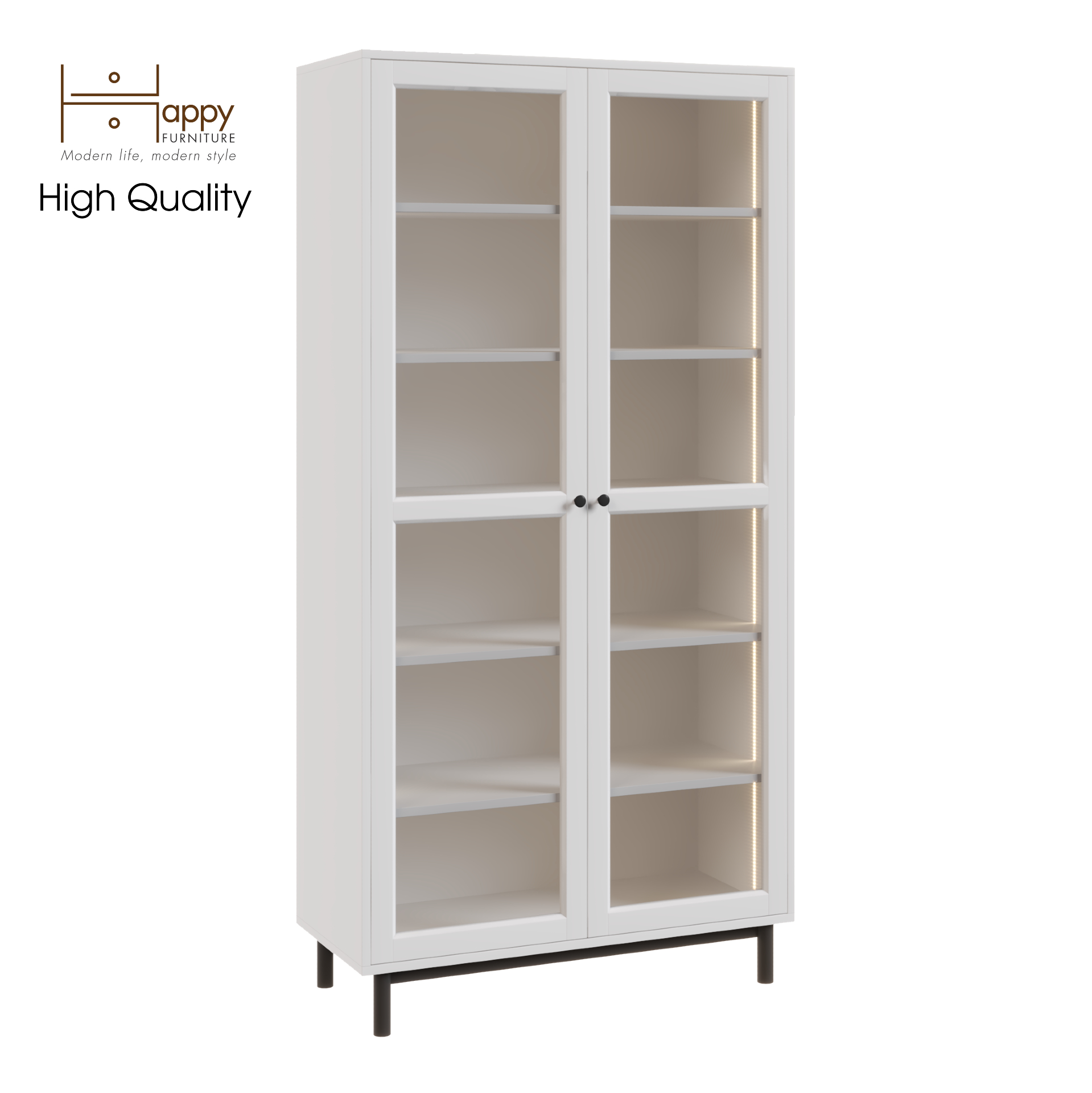[Happy Home Furniture] CATY, Kệ sách 2 cửa kính - đèn LED - chân sắt, 90cm x 39cm x 180cm (DxRxC), KSA_021_LED
