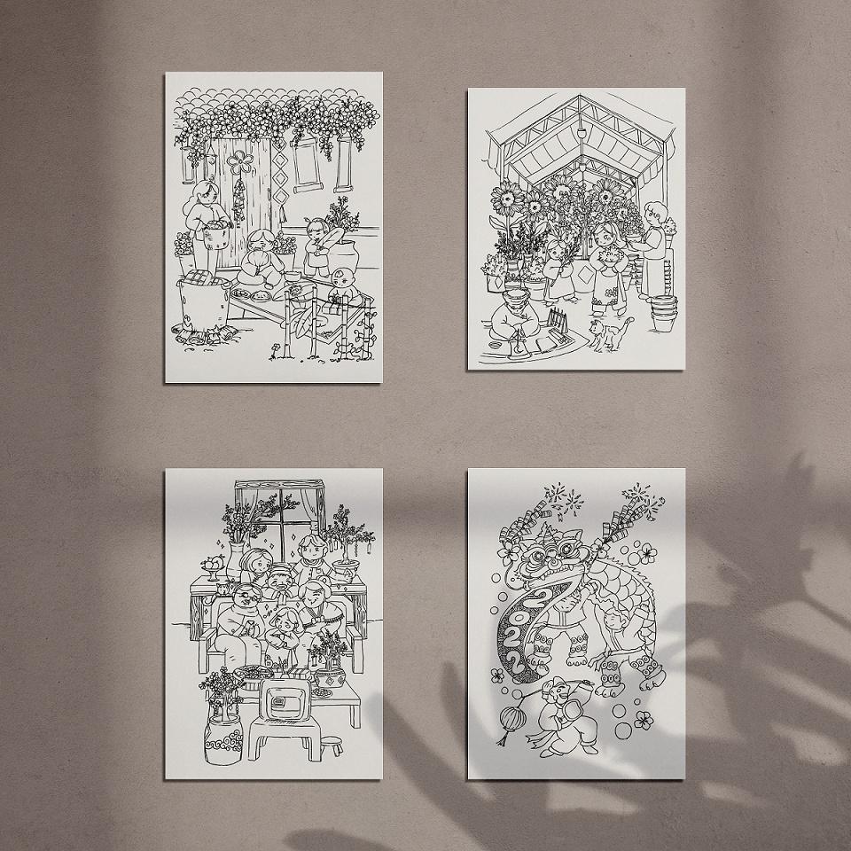 Postcard thiệp tô màu bộ 5 tranh &quot;Đón tết&quot; của Mạnh Hùng, giấy hạng họa sĩ 300gsm cold press