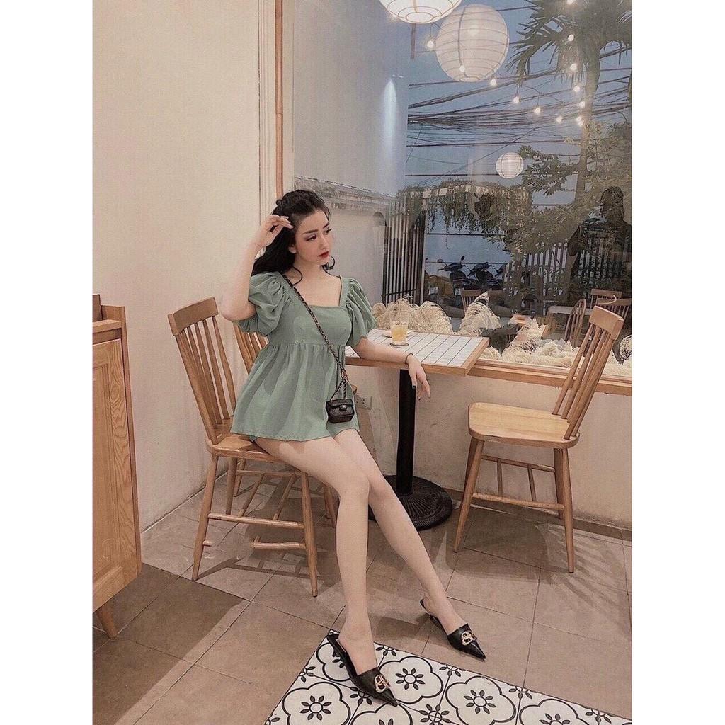 Set bộ đùi ngắn phối áo babydoll cổ vuông tay phồng xinh xắn tươi trẻ, SET ĐÙI CỔ VUÔNG