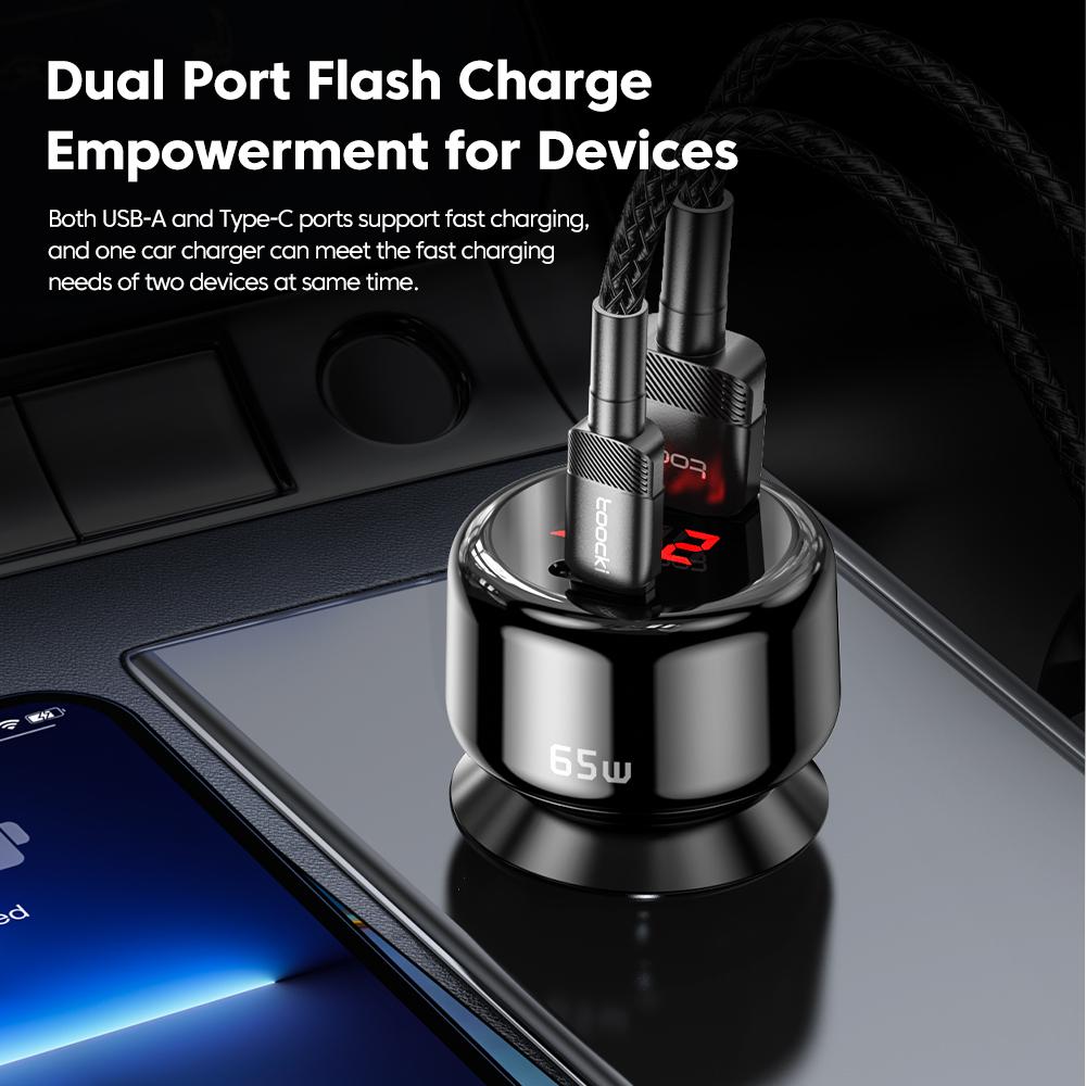 Bộ sạc xe hơi Toocki PD 65W USB Type C Sạc nhanh trong bộ sạc điện thoại xe hơi Digital Digital Bộ sạc điện thoại cho điện thoại di động QC3.0