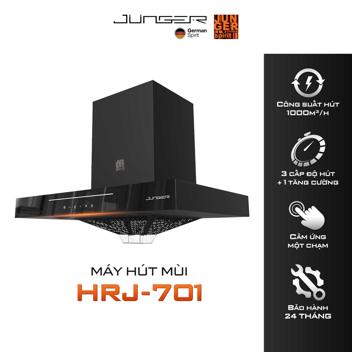 Hút mùi Junger HRJ-701 Công suất 1000m3/h Cảm biến khí gas CO2 Hàng Chính Hãng Bảo Hành 12 Tháng